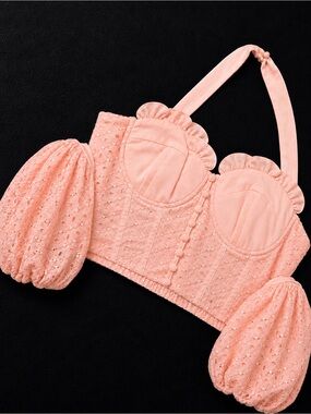 Peach Eyelet Smocked Back Crop Top